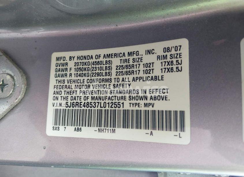 Photo 9 of 2007 Honda Cr-v EX (VIN 5J6RE48537L012551)