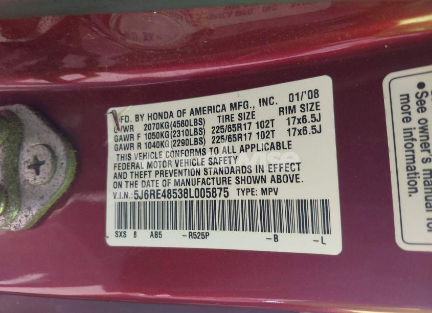 Photo 9 of 2008 Honda Cr-v EX (VIN 5J6RE48538L005875)