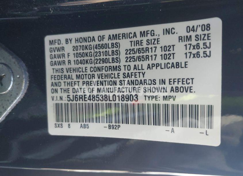 Photo 9 of 2008 Honda Cr-v EX (VIN 5J6RE48538L018903)
