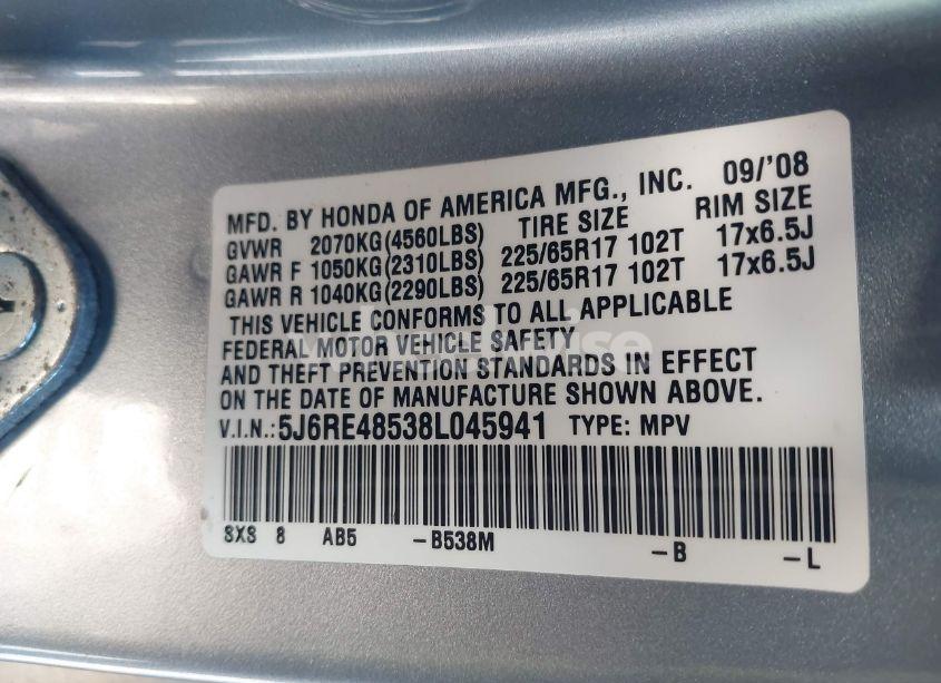 Photo 9 of 2008 Honda Cr-v EX (VIN 5J6RE48538L045941)