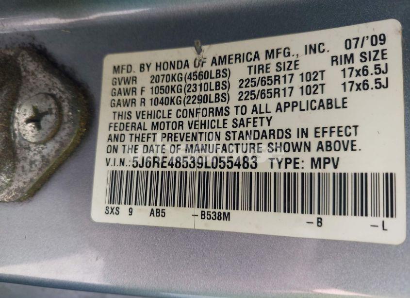 Photo 9 of 2009 Honda Cr-v EX (VIN 5J6RE48539L055483)