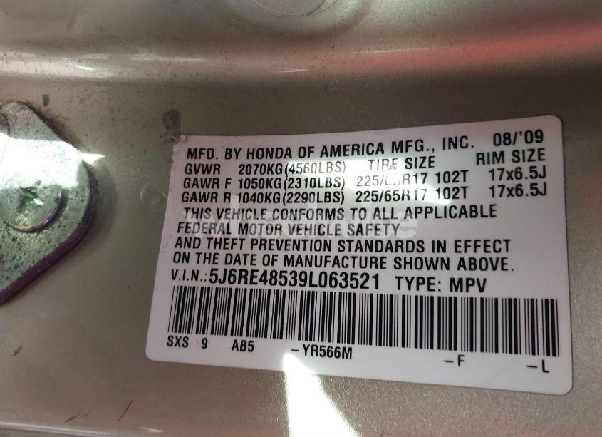 Photo 9 of 2009 Honda Cr-v EX (VIN 5J6RE48539L063521)