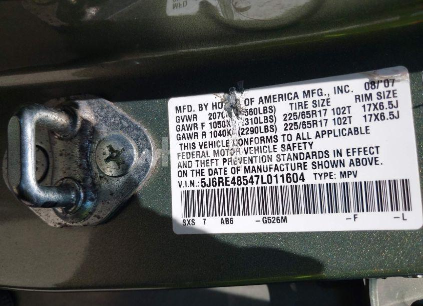 Photo 9 of 2007 Honda Cr-v EX (VIN 5J6RE48547L011604)