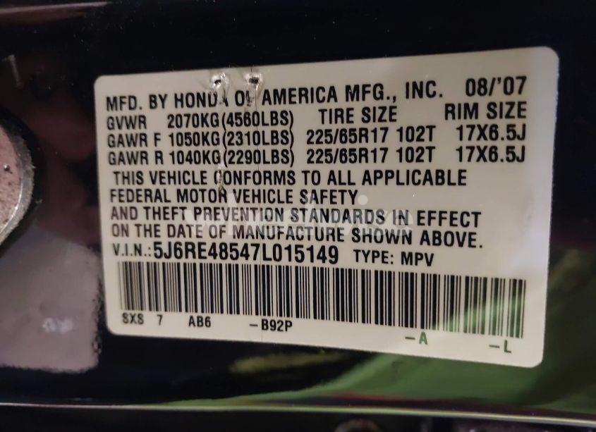 Photo 9 of 2007 Honda Cr-v EX (VIN 5J6RE48547L015149)