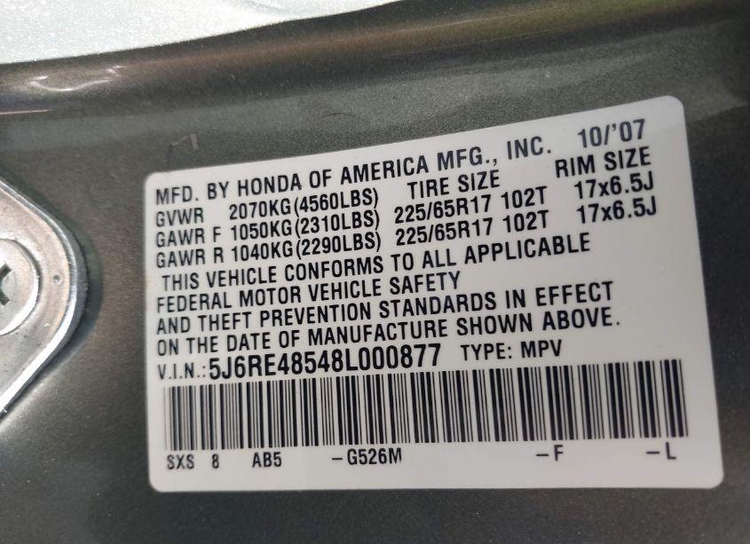 Photo 9 of 2008 Honda Cr-v EX (VIN 5J6RE48548L000877)