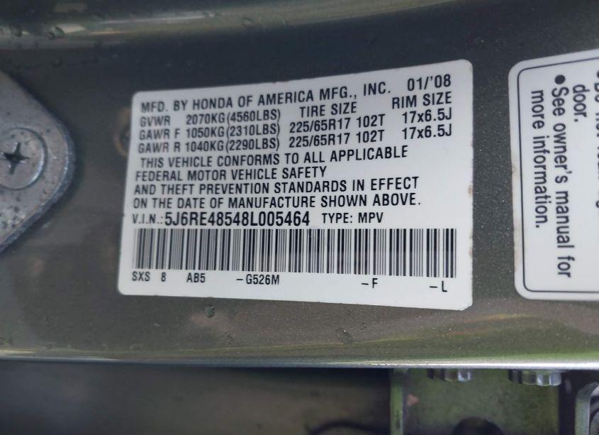 Photo 9 of 2008 Honda Cr-v EX (VIN 5J6RE48548L005464)