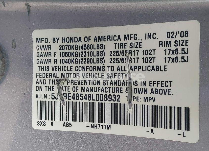 Photo 9 of 2008 Honda Cr-v EX (VIN 5J6RE48548L008932)