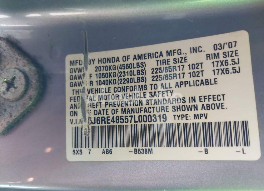 Photo 9 of 2007 Honda Cr-v EX (VIN 5J6RE48557L000319)