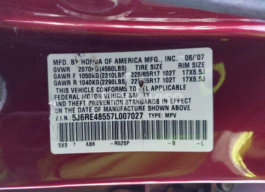 Photo 9 of 2007 Honda Cr-v EX (VIN 5J6RE48557L007027)