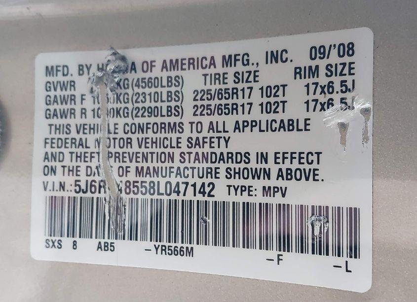 Photo 9 of 2008 Honda Cr-v EX (VIN 5J6RE48558L047142)