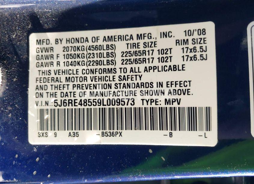 Photo 9 of 2009 Honda Cr-v EX (VIN 5J6RE48559L009573)