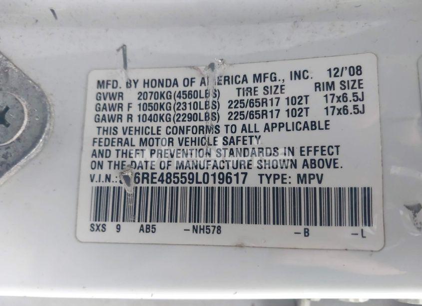 Photo 9 of 2009 Honda Cr-v EX (VIN 5J6RE48559L019617)