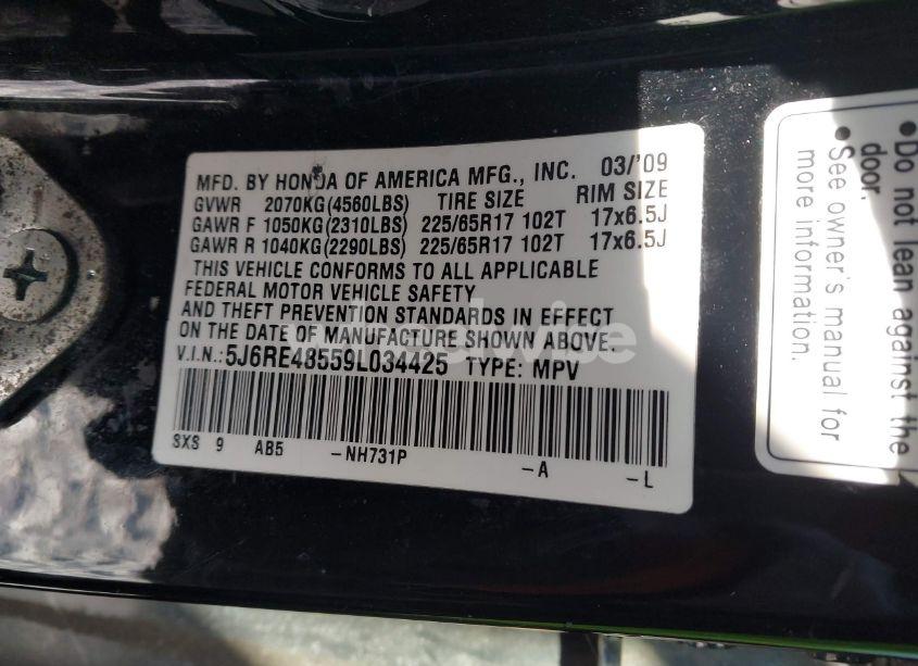 Photo 9 of 2009 Honda Cr-v EX (VIN 5J6RE48559L034425)
