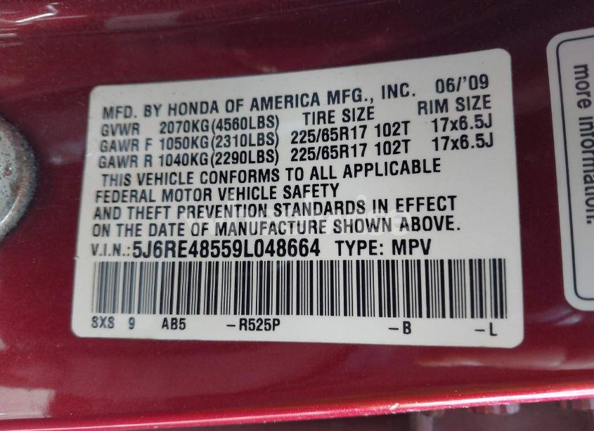 Photo 9 of 2009 Honda Cr-v EX (VIN 5J6RE48559L048664)