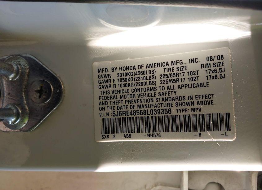 Photo 9 of 2008 Honda Cr-v EX (VIN 5J6RE48568L039356)