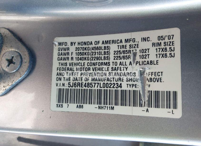 Photo 9 of 2007 Honda Cr-v EX (VIN 5J6RE48577L002234)