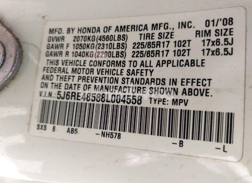 Photo 9 of 2008 Honda Cr-v EX (VIN 5J6RE48588L004558)