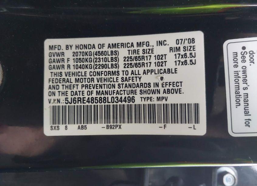 Photo 9 of 2008 Honda Cr-v EX (VIN 5J6RE48588L034496)