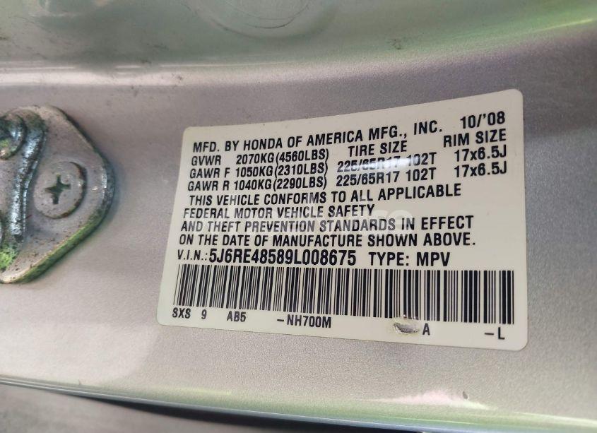 Photo 9 of 2009 Honda Cr-v EX (VIN 5J6RE48589L008675)