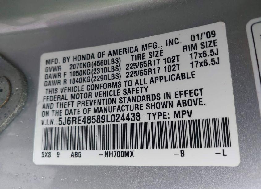 Photo 9 of 2009 Honda Cr-v EX (VIN 5J6RE48589L024438)