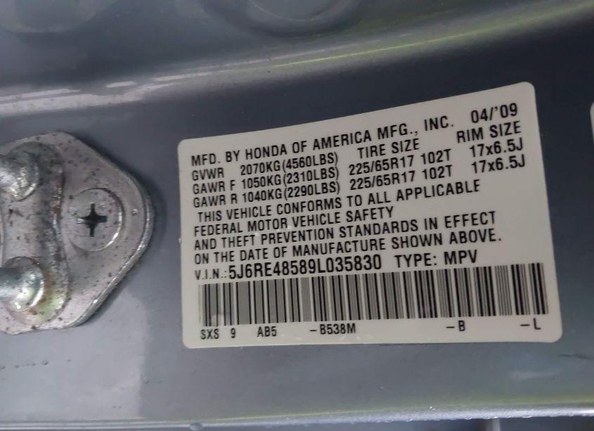 Photo 7 of 2009 Honda Cr-v EX (VIN 5J6RE48589L035830)