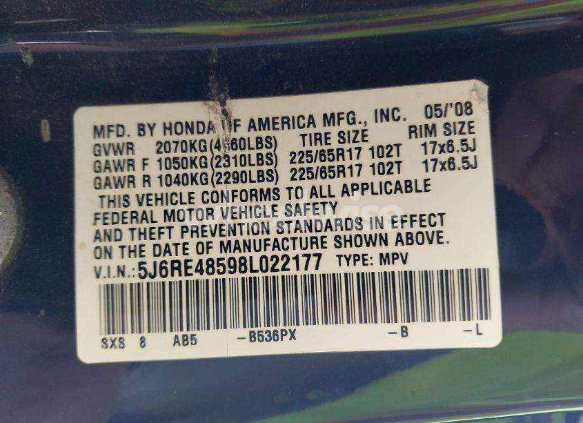 Photo 9 of 2008 Honda Cr-v EX (VIN 5J6RE48598L022177)