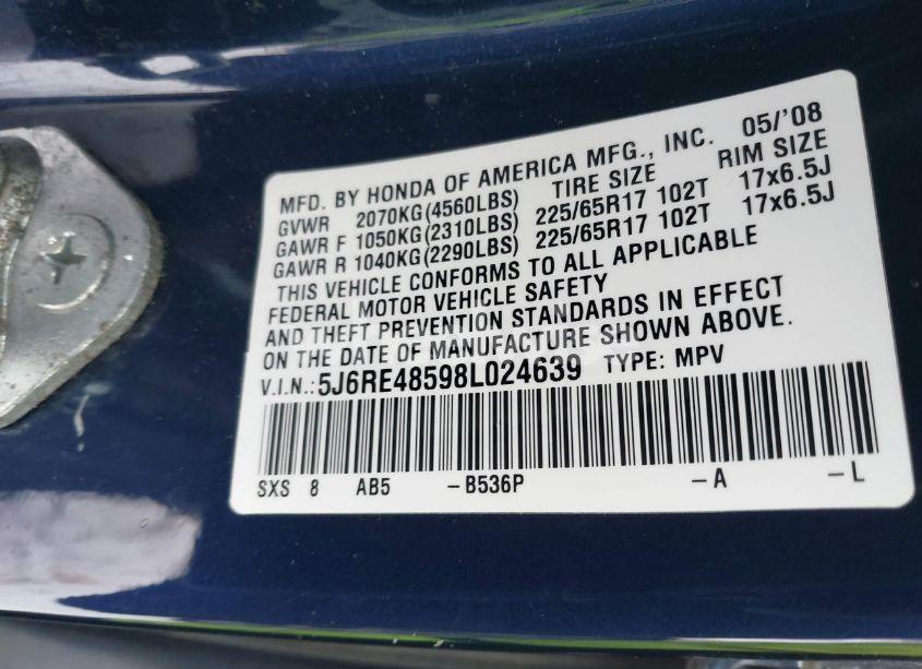Photo 9 of 2008 Honda Cr-v EX (VIN 5J6RE48598L024639)