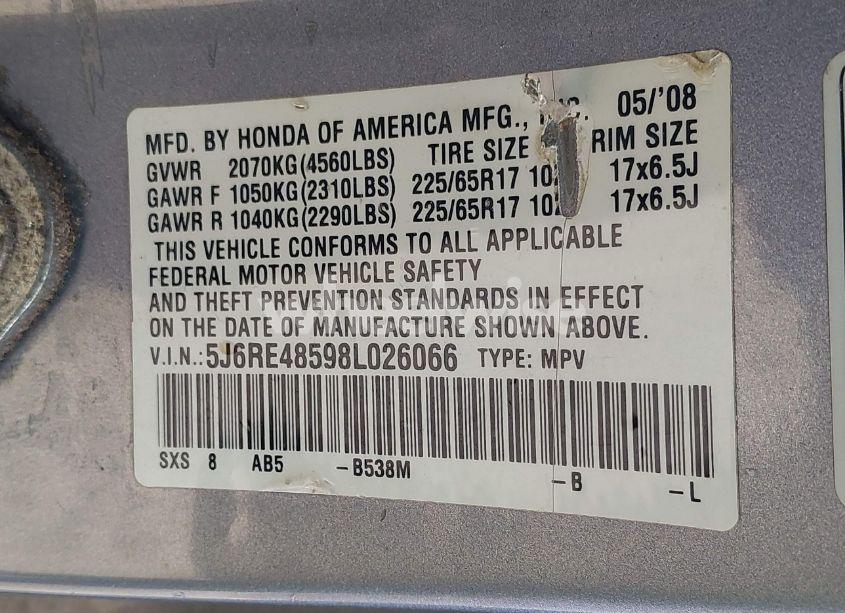 Photo 9 of 2008 Honda Cr-v EX (VIN 5J6RE48598L026066)