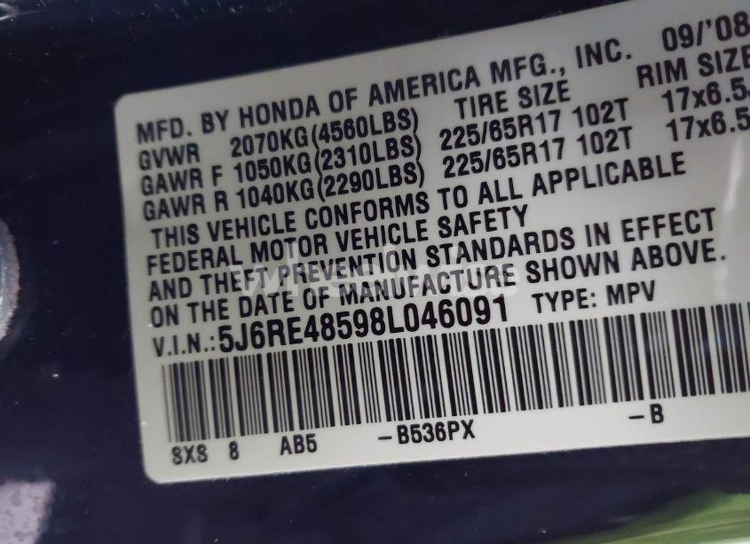 Photo 9 of 2008 Honda Cr-v EX (VIN 5J6RE48598L046091)