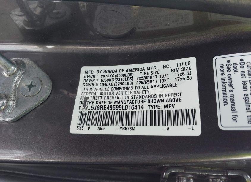 Photo 9 of 2009 Honda Cr-v EX (VIN 5J6RE48599L016414)