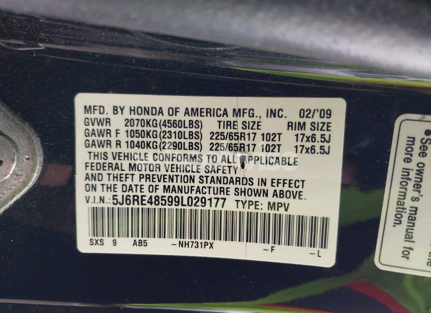 Photo 9 of 2009 Honda Cr-v EX (VIN 5J6RE48599L029177)