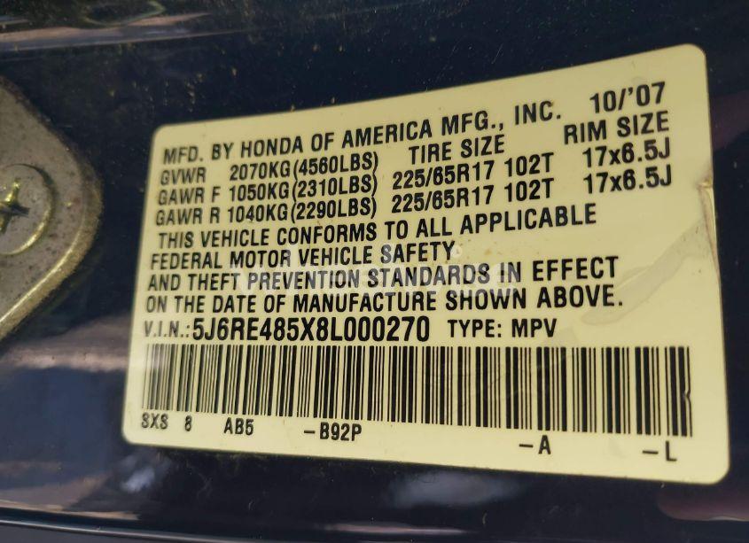 Photo 9 of 2008 Honda Cr-v EX (VIN 5J6RE485X8L000270)