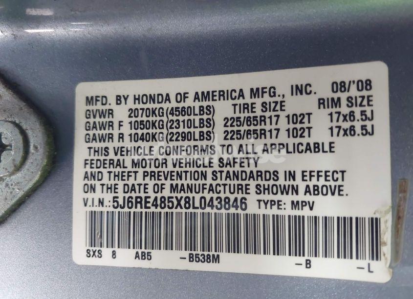 Photo 9 of 2008 Honda Cr-v EX (VIN 5J6RE485X8L043846)