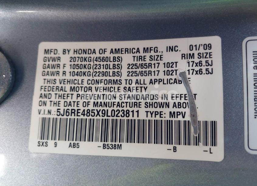 Photo 9 of 2009 Honda Cr-v EX (VIN 5J6RE485X9L023811)