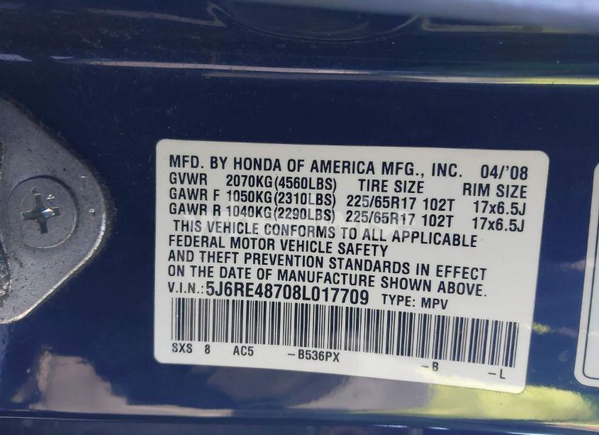 Photo 9 of 2008 Honda Cr-v EX-L (VIN 5J6RE48708L017709)