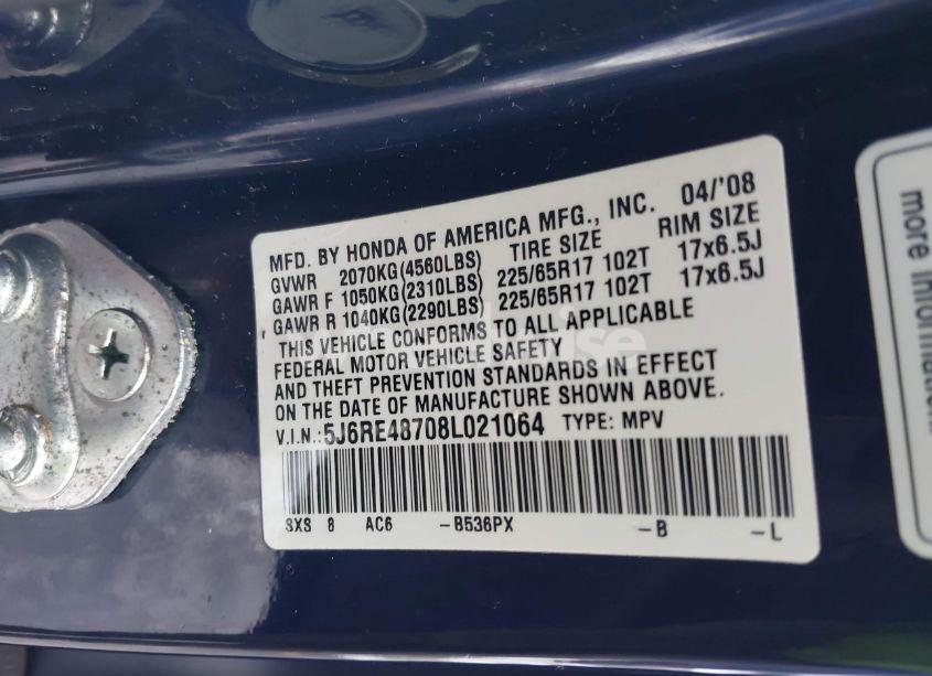 Photo 9 of 2008 Honda Cr-v EX-L (VIN 5J6RE48708L021064)
