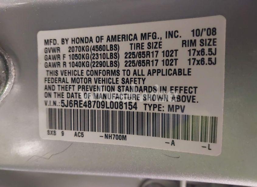 Photo 9 of 2009 Honda Cr-v EX-L (VIN 5J6RE48709L008154)