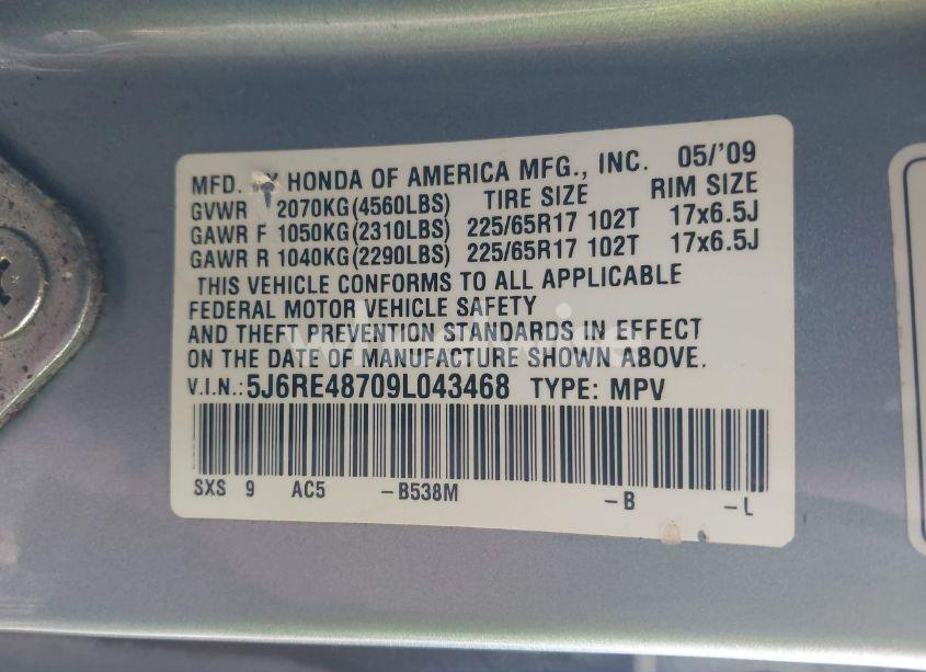 Photo 9 of 2009 Honda Cr-v EX-L (VIN 5J6RE48709L043468)