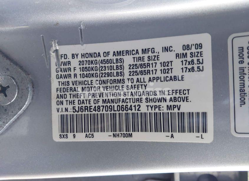 Photo 9 of 2009 Honda Cr-v EX-L (VIN 5J6RE48709L066412)