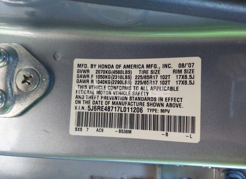 Photo 9 of 2007 Honda Cr-v EX-L (VIN 5J6RE48717L011206)