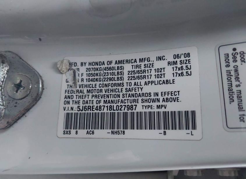 Photo 9 of 2008 Honda Cr-v EX-L (VIN 5J6RE48718L027987)
