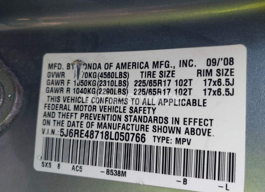 Photo 9 of 2008 Honda Cr-v EX-L (VIN 5J6RE48718L050766)