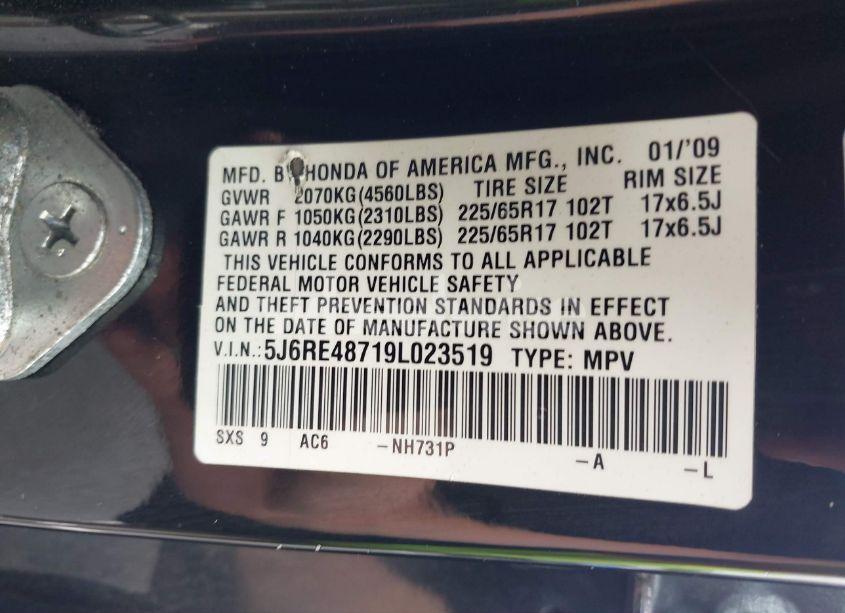 Photo 9 of 2009 Honda Cr-v EX-L (VIN 5J6RE48719L023519)