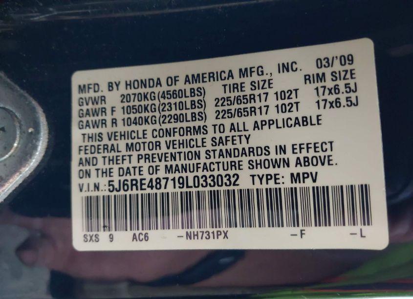 Photo 9 of 2009 Honda Cr-v EX-L (VIN 5J6RE48719L033032)