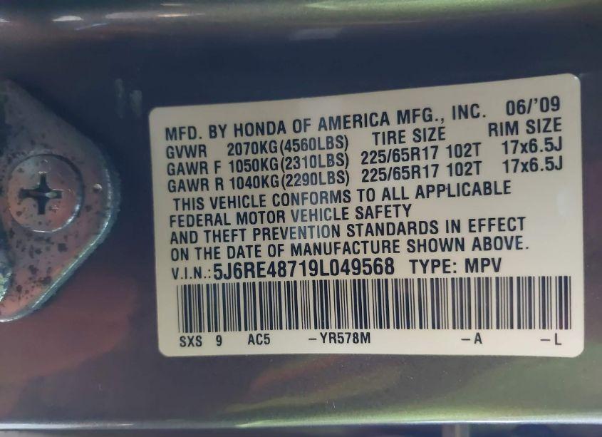 Photo 9 of 2009 Honda Cr-v EX-L (VIN 5J6RE48719L049568)