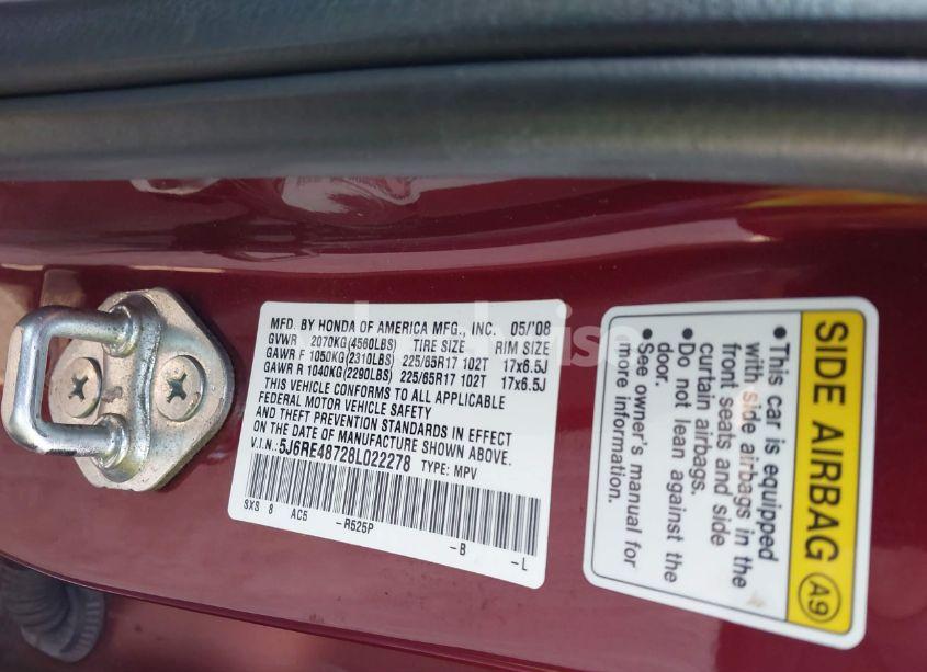 Photo 9 of 2008 Honda Cr-v EX-L (VIN 5J6RE48728L022278)