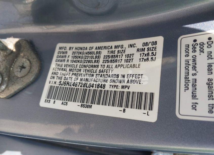 Photo 9 of 2008 Honda Cr-v EX-L (VIN 5J6RE48728L041848)