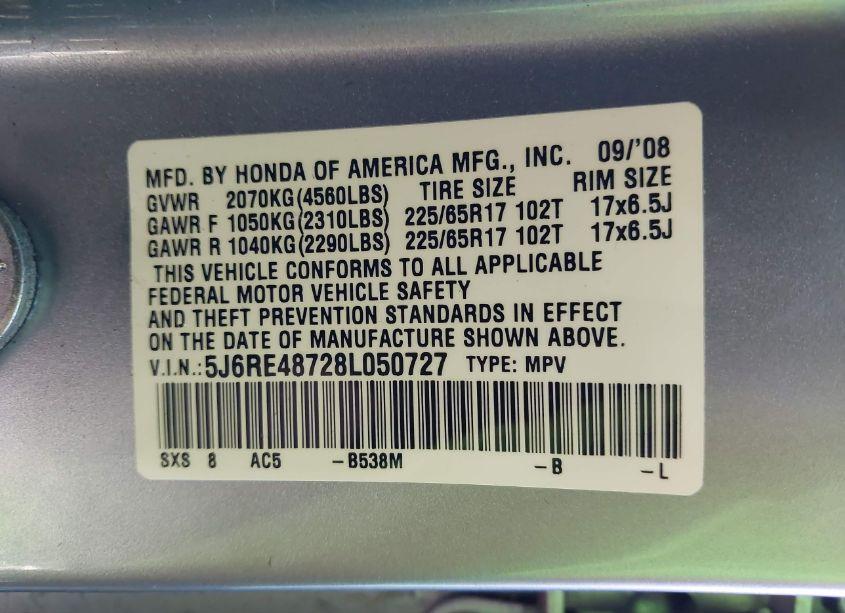 Photo 9 of 2008 Honda Cr-v EX-L (VIN 5J6RE48728L050727)