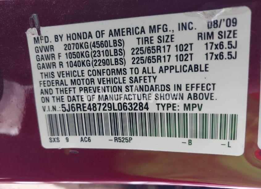Photo 9 of 2009 Honda Cr-v EX-L (VIN 5J6RE48729L063284)