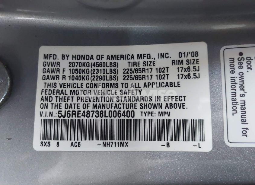 Photo 9 of 2008 Honda Cr-v EX-L (VIN 5J6RE48738L006400)